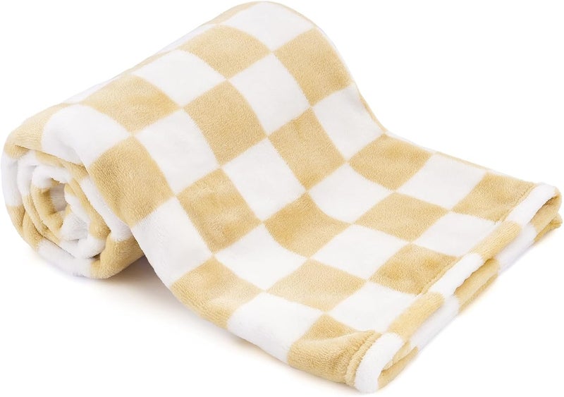 GreatBba Plush Checkered Baby Blanket for Boys Girls Nursery, 30"*40" Warm Short Fleece Blanket Neutral for Infant Newborn, Small Fuzzy for Sleeping, Chenille or Stroller (Sand Yellow&White) - Image 1
